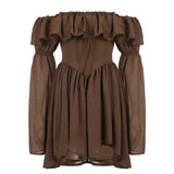Brown Pleated Off Shoulder Ruffles Patchwork Sundress