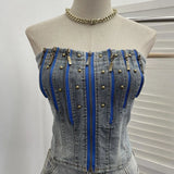 Pbong  Vintage Denim Strapless Vest 2025 Women's Clothing Y2k Tunic Crop Tank Top Backless Fashion Zipper Tank