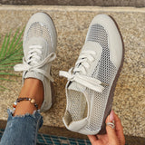 Pbong  Mesh and Suede Lace Up Casual Shoes, Breathable Sneakers with TPR Sole, Comfortable Walking Sport Shoes for Women