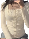 Y2k Women's Long Sleeve Knitted Tops Lace Stitching Neckline Knitwear Bowknot Decoration Slim-Fit Tshirt Pullovers Clubwear