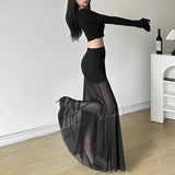 Pbong  Black Mesh Long Skirts Women Transparent Patchwork High Waisted Hip Wrap Skirts Coquette Party Slim Fit Sexy Club Skirt