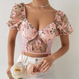 Pbong  Euramerican Elegant Exquisite Flower Embroidery Summer Shirts All Match Sexy See-through Mesh Tank Tops Y2k Side Cross Strap Tee