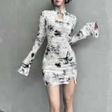 Vintage Butterfly Print Slim Slit Velour Dress