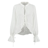 Pbong  White Bandage See Through Blouses Women Clothing Flare Sleeve Vintage Ruffled Shirts  Loose Fashion Top