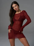 Thin Transparent Knit Tight Short Dress Sexy Backless Bikini Swimsui Cover-ups 2025 New Long Sleeve O-neck Sheer Summer Dress