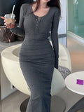 Ribbed Knitted Ruched Folds Long Dress