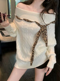 Sexy Off Shoulder Y2K Sweater Women Vintage Leopard Lace Up Knitted Jumper Casual Lazy Wind Long Sleeve Slash Neck Pullover