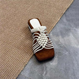 Pbong  womens Woven Thin Strap Slippers Summer New Square Toe Open Toe Cutout Breathable Non-slip Wear-resistant Low Heel Shoes