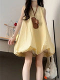 Pbong  Yellow Milk Sleeveless Vest Flower Bud Dress Women's Spring New Small Sweet Holiday Style Fluffy Short Skirt High Waist Gored...