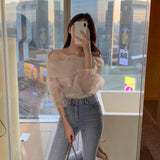Pbong  Slash Neck Long Sleeve Shirt Women Elegant Off Shoulder Korean Chic Blouse See Through All-match Tops