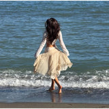 Pbong  Lace Corset Waist Chiffon A-Line Midi Skirt Sheer Waistband Flowy Summer Romantic Women Vintage Elegant Feminine Outfit