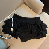 Pbong  Sweet Puffy Cake Women Skirts Korean Fashion Ruched Ruffle Mini Skirt Campus Harajuku Casual Versatile Elastic Waist Solid Skirt