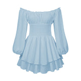 Pbong  Women's Loose Playsuit Puff Long Sleeve Square Neck Ruffle Short Romper Dress Spring Fall Casual Elegant Overalls