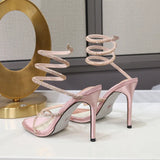Pbong  Fashion Summer Snake Twine Around Crystal Women Sandals Luxury Rhinestones Thin High heels Gladiator Sandals  Party Prom Shoes