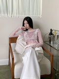 Designer Pink Long Sleeve T Shirt For Woman Fall 2025 Lace Print Funny Tees Cute Mesh Top Kawaii Clothes