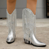 Pbong  Glittering Silver Cowboy Boots with Long Tassels, Pointed Toe Western Boots, Chunky Low Heel Biker Style
