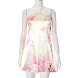 Halter Contrast Print Dress For Women Lace Up Fashion Slim Mini Dress A-line Vacation Party Dress Female Elegant New