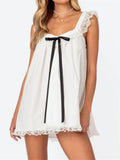 Pbong  Women Mini Dress Lace Trim Fly Sleeve Bowknot Embellished Short Dress Summer Fashion Casual Dress