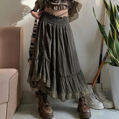 Sweetown Retro Green Vintage Grunge Long Skirts Womens Shirring Tie-Up Lace Trim Low Waist A Line Y2K Skirt Cute Holiday Outfits
