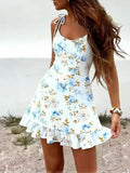 Pbong  Chic Music Festivals Floral Tie Strap Mini Dress for Women Square Collar Slimming Ruffled Hem for Casual Outings