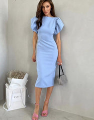 Elegant Blue Bodycon Dresses Women Puff Sleeves Ruched Long Dress Round Neck Office Ladies Split Dress Fashion