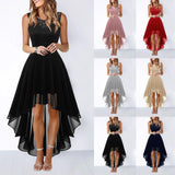 Pbong  Spring Summer Hollow out Waist Cinched Lace Evening Dress Midi Skirt Sleeveless round Neck Polyester Fabric Empire Waist