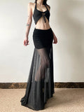 Pbong  Goth High Waist Mesh Patchwrok Mid Skirts Sexy Hem Split Ruched Bodycon Skirt E-girl Y2K Streetwear Alt Bottoms