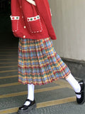 Christmas Rainbow Plaid Woolen Pleated Skirt Japanese High-waisted Slim Skirt Sweet Vintage Fashion Faldas Para Mujeres