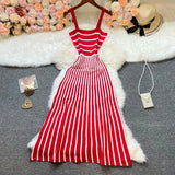 Chic Fashion Vintage Spaghetti Straps Stripes Patchwork Knitted Dress Spring Summer Women Casual Long Sweater Dress