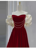 Pbong  Women Off The Shoulder Prom Dress Princess Velvet  Korea Fashion Sweetheart Neck A Line Formal Graduation Evening Party Gown