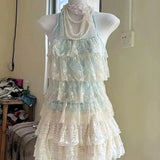 Korean Sexy Lace Patchwork Contrast Color Tank Top Women Halter Bandage Sleeveless Streetwear Tanks Ruffled Grunge Camisole