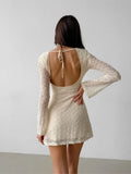 Apricot Sexy Slim Fit Round Neck Lace Up Jacquard Short Dress Fashion Chic Flare Sleeve Backless Sexy Women Dress 2025 New