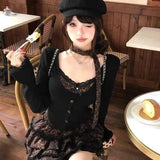 Harajuku long sleeve Sweet Leopard Slim Kawaii 2 Piece Sets Y2k Leopard Patchwork Top + Puff Cake mini Skirt 2000s Vintage Suits