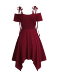 2025 Women's Cold Shoulder Dresses Lace Up Asymmetric Dress Tie Knot Shoulder Chain Solid Color Short Sleeve Dress