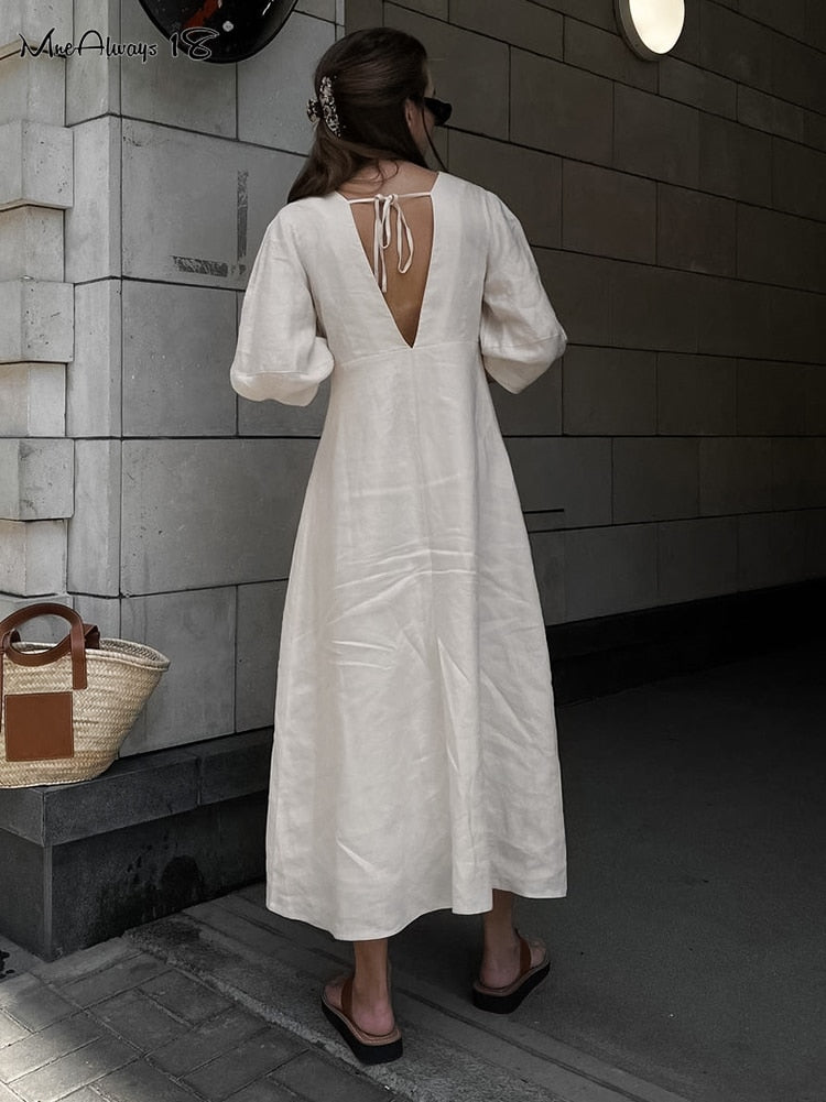 Elegant Beige Women Linen Dress Puff Sleeve Long Backless Button Dress Ladies V-Neck Cotton Dress Soft Fashion
