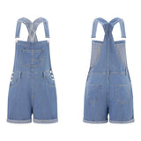 Pbong  Women Denim Bib Overalls Adjustable Straps Shorts Romper with Pocket Casual Rolled Cuff Shortalls