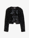Fashion Sequin Bow Lace Up Women Jacket Chic Shiny O-neck Long Sleeve Y2k Cropped Coat Female Solid Party Outerwear