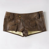 Pbong  Vintage Pu Leather Low-Waisted Shorts Y2K Sexy Slim Zip Pocket Super Mini Shorts Women Party Clubwear Streetwear Bottoms