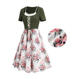 Colorblock Textured Lace Insert Floral Pattern Lace Up Vacation Faux Twinset Dress Short Sleeve High Waisted A Line 2 in Dress