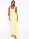 Halter Backless Sexy Maxi Dress Women Gown Summer New Solid U Neck Sleeveless High Waist Long Dress Elegant