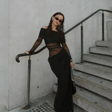 Mesh Patchwork Dress Women Sexy Backless Hollow Out Long Dress 2025 Summer Trend Skinny Stretch Elegant Clubwear Maxi Dresses