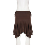 Pbong  Vintage Lace Up Knitted Irregular Hemline Brown Skirts Women Daily Casual All Match Low Waist Knee-length Bottom Wear Summer New