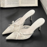 Bow Mesh Lace High Heels Slippers Pointed Toe Women Sandals Mules Shoes 2025 New Summer Trend Dress Pumps Sexy Sandalias Mujer