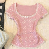 2000s Harajuku Vintage Sweet Top Y2k Japanese Style Kawaii Slim T Shirts Women Korean Fashion Polka Dot Short Sleeve Tees Summer