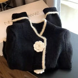 Retro Round Neck Black Sweater Women Clothing Autumn/Winter Korean Style Sweet Commuter Slim Short Knitted Cardigan Women Tops