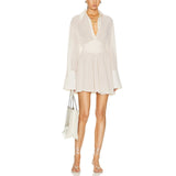 Pbong  Women Summer Sexy Solid Color See-through Long Sleeve Turn-Down Collar Pleated Waist Ruffled A-line Short Shirt Dress