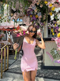 2025 New Pink White Lace Patchwork Short Dress For Women's Clothing Ruffle Square Collar Vacation Beach Summer Knit Slip Dress
