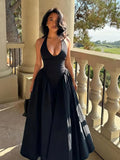 Sexy Backless Deep V-neck Maxi Dress For Women Solid Off Shoulder High Waist Pleated A-line Dresses Female Prom Party Club Robe