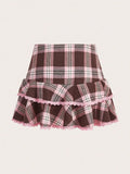 Pbong  Kawaii Plaid Lace Trim Ruffle Hem Skirt