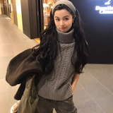 Cable Knit Turtleneck Sweater Vest for Women Cozy Funnel Neck Sleeveless Knit Top Jumper Pullovers Ladies Casual Chic Outfit